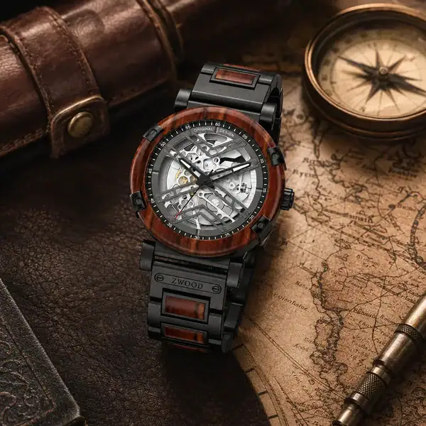 Montre automatique squelette Orion Palissandre Zwood® sur une carte ancienne avec boussole