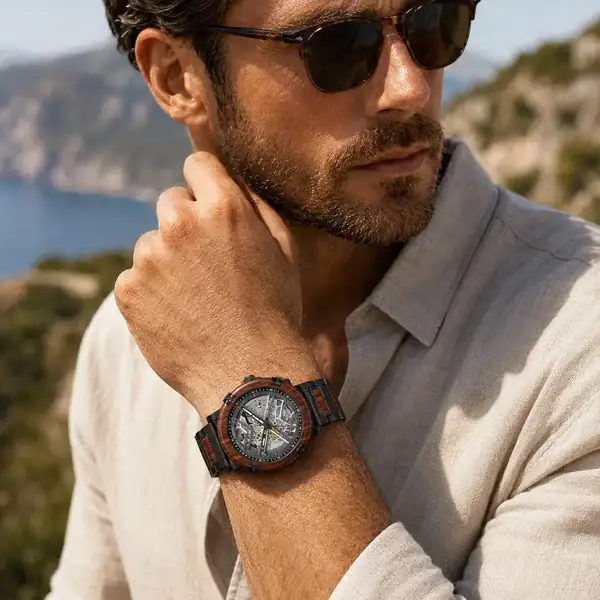 Homme portant la montre automatique squelette en bois Orion Palissandre Zwood®