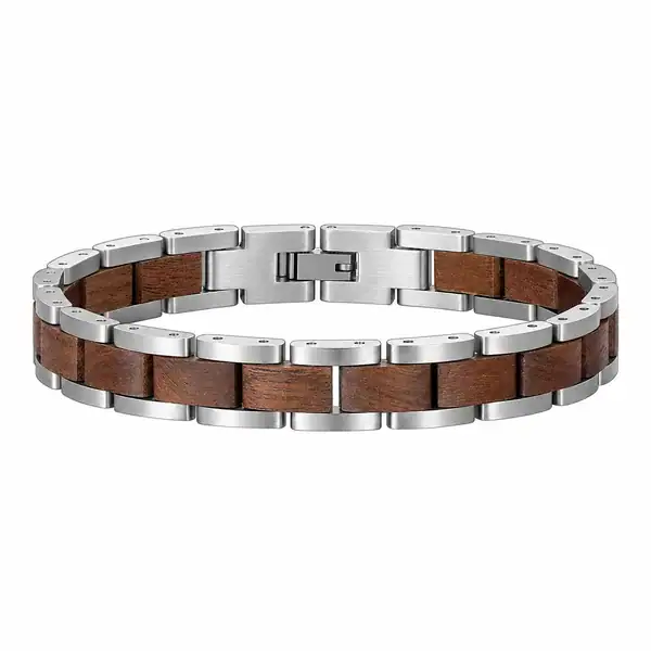 Bracelet homme en bois de noyer et acier inoxydable argenté Zwood® largeur 12 mm