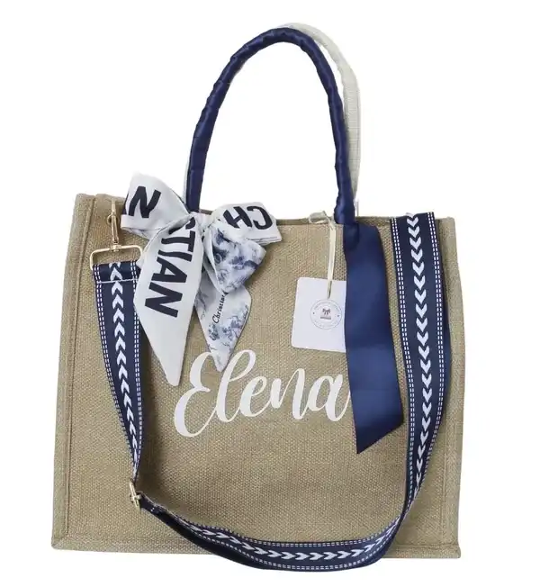 Bolso personalizado “Barcelona Beach Blue” – Estilo Yute natural artesanal