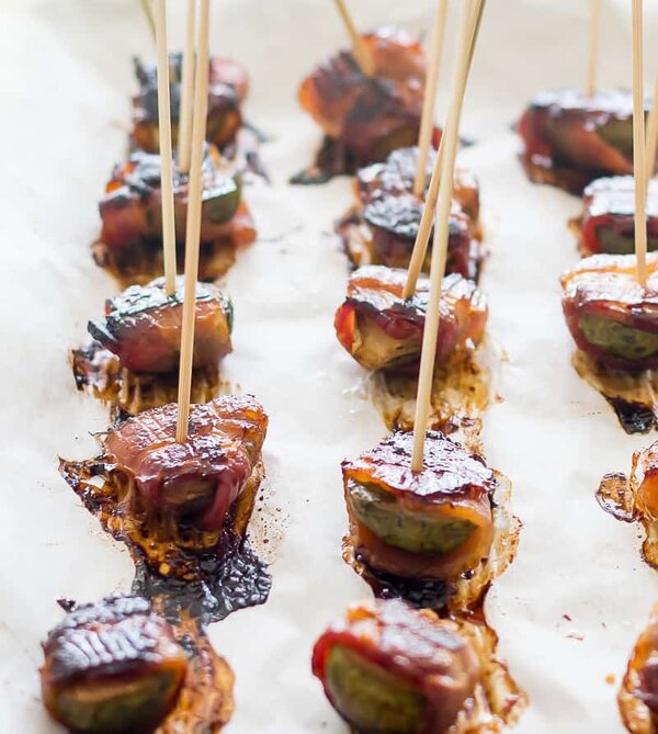 roasted brussels sprouts with bacon on skewers