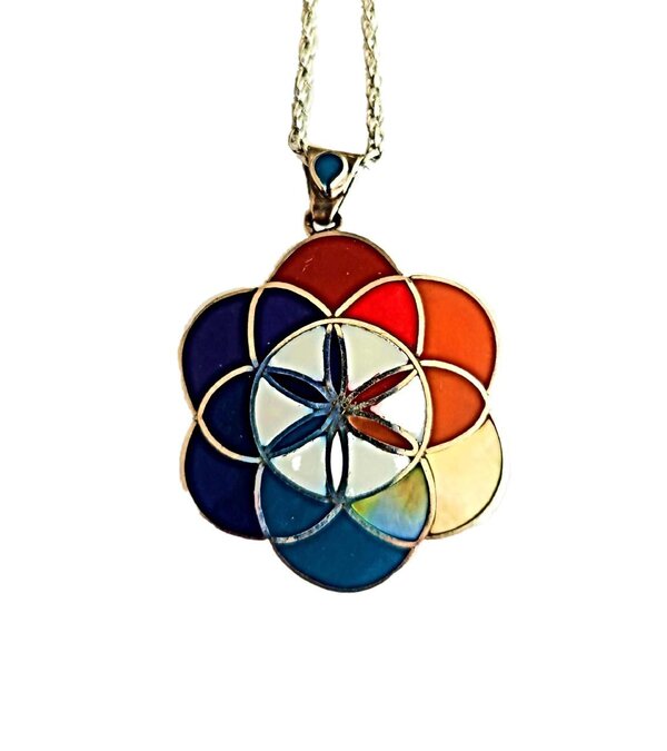 Flower of Life Pendant, Sterling Silver Sacred Geometry Jewelry with multi-colored enamel flower design.