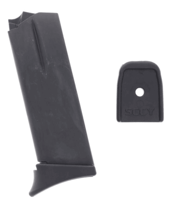 Pistol magazine with a separate base plate removed nearby, showing a curved metal magazine and a detachable floor plate.