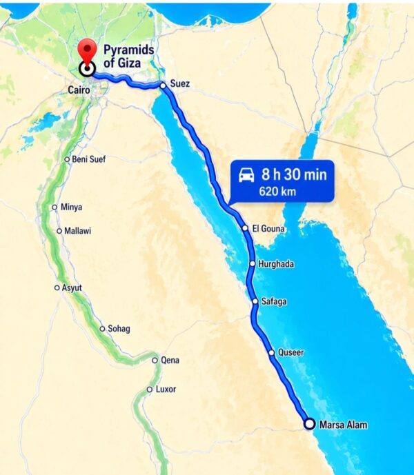 Wie weit ist es von Marsa Alam zu den Pyramiden von Gizeh – Karte mit Fahrstrecke von Marsa Alam nach Gizeh und Fahrzeit von 8 Stunden 30 Minuten 