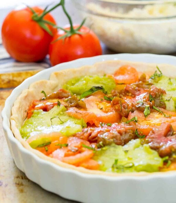 southern tomato pie with heirloom tomatoes