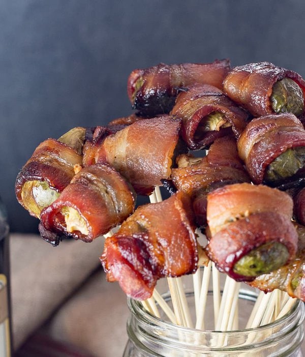 close up of brussels sprouts wrapped with bacon