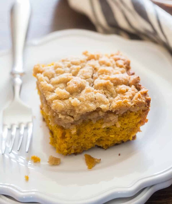 Piece of Pumpkin Coffee Cake with Fork at an angle