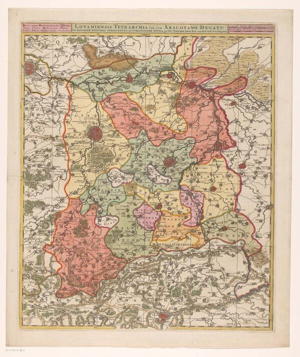 Museumkwaliteit reproductie van de oude kaart Kwartier van Leuven 1680, uitgegeven door Nicolaes Visscher.