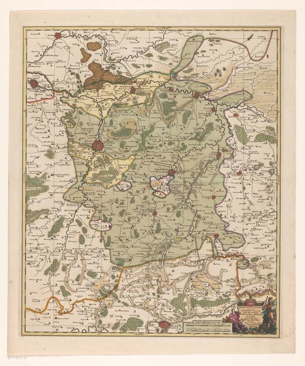 Museumkwaliteit reproductie van de oude kaart Kwartier van Leuven 1706, uitgegeven door Pieter Husson.