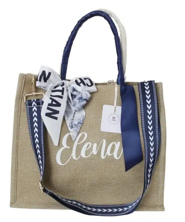 Bolso personalizado “Barcelona Beach Blue” – Estilo Yute natural artesanal