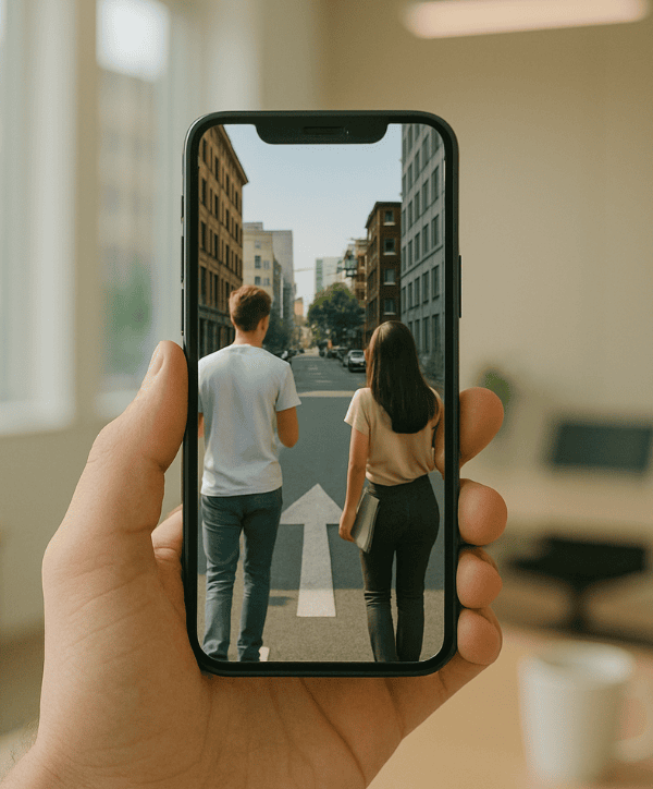 Eine Hand hält ein Smartphone. Auf dem Bildschirm sind zwei junge Menschen zu sehen, die auf einer Straße nach vorne blicken. Ein Pfeil zeigt in Richtung des Straßenverlaufs nach vorne.