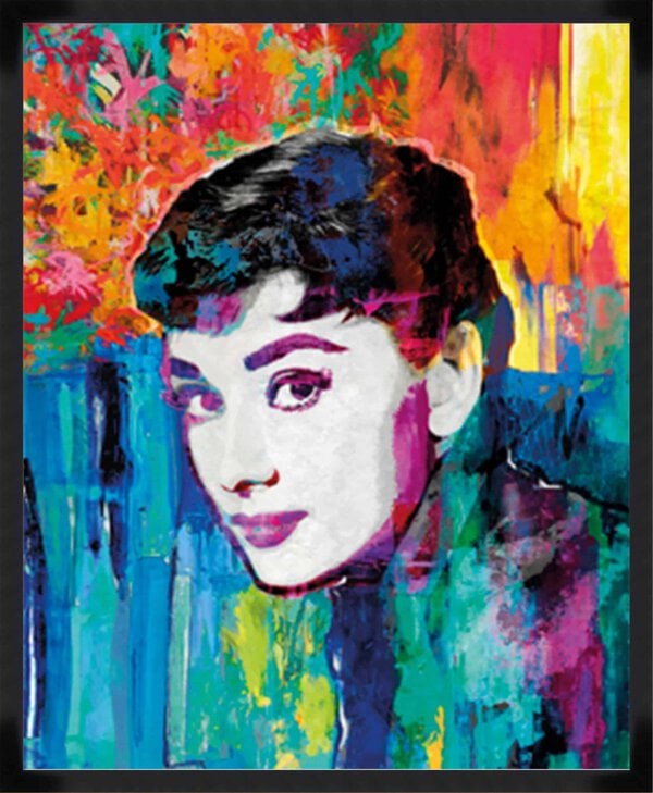 Pop art style artwork multicolor featuring Audry Hepburn