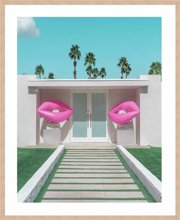 Mid-Century Modern House with Pink Lips - 5cm White Border Box Natural