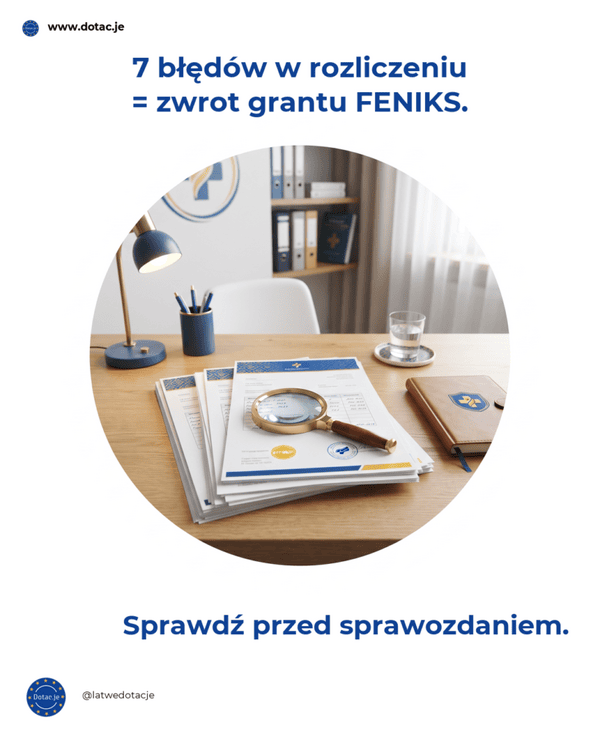 rozliczenie dotacji FENIKS POZ — biurko z fakturami i lupą