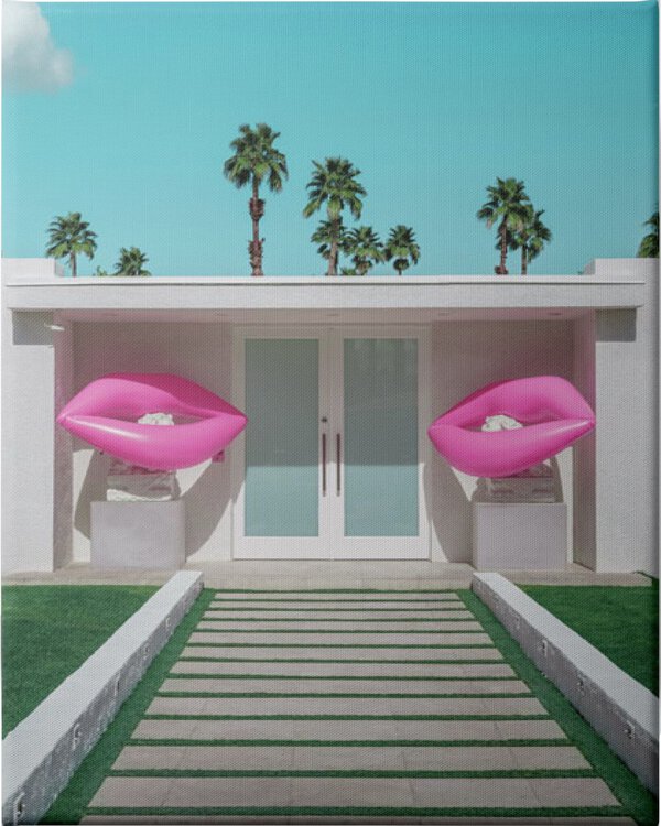 Mid-Century Modern House with Pink Lips - Unframed Canvas Unframed Canvas