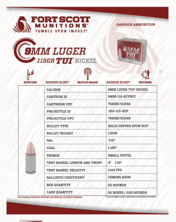 FORT SCOTT MUNITIONS 9MM LUGER TUI® - 115GR SOLID COPPER NICKEL PLATED CASING 9MM SOLID COPPER AMMO - Image 4