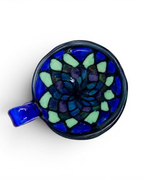Cobalt Mandala Glass Pendant handcrafted glass pendant with blue, teal, mint, and violet mandala-inspired design.