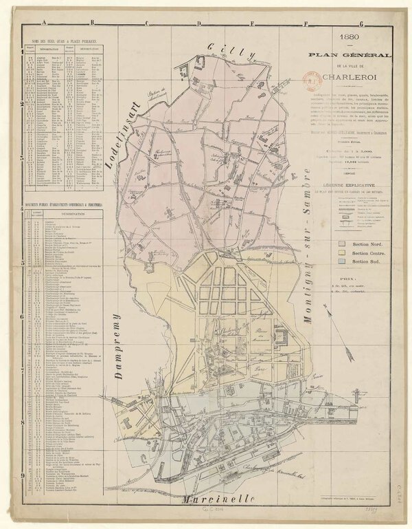 Museumkwaliteit reproductie van de oude kaart Charleroi 1880, het Plan général de la ville de Charleroi.