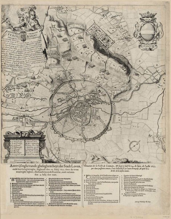 Museumkwaliteit reproductie van de oude kaart Leuven 1635, het beleg van Leuven door een Hollands en een Frans leger.