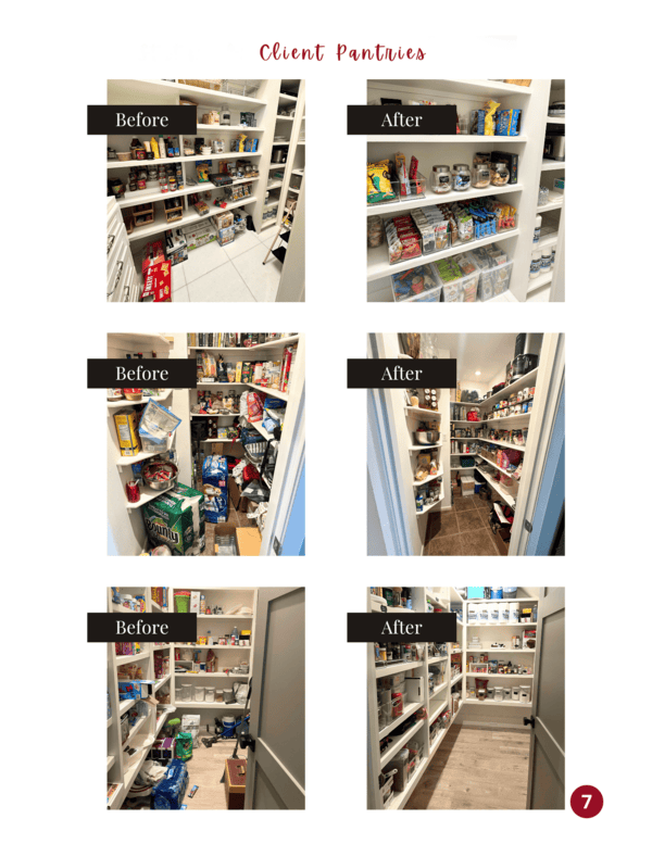 Organized pantry transformation showing before and after images of cluttered and tidy shelves, highlighting professional pantry organization services by Soulstice Living.