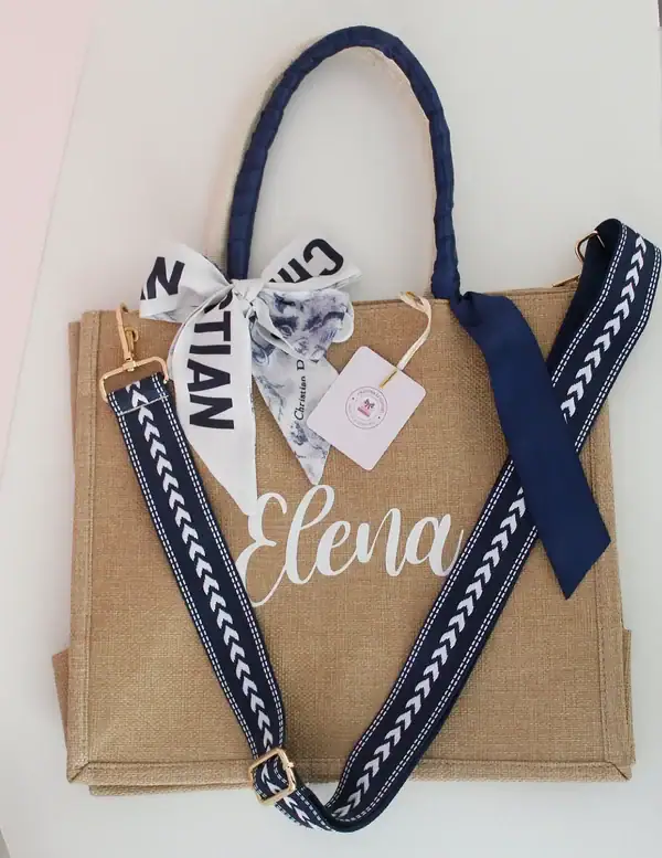 Bolso personalizado “Barcelona Beach Blue” – Estilo Yute natural artesanal - Imagen 2