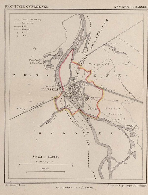 Museumkwaliteit reproductie van de oude kaart Hasselt 1867 van Jacob Kuyper, het Hanzestadje aan het Zwarte Water.