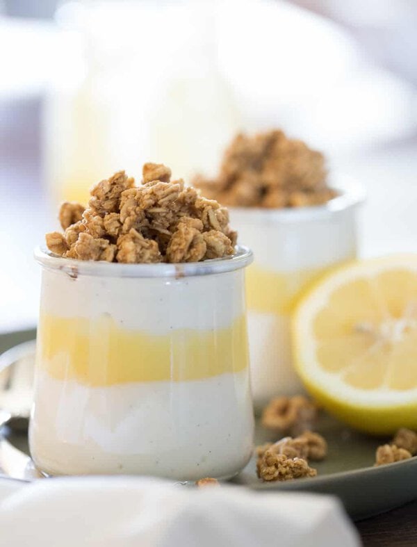 close up of granola parfait with lemon curd