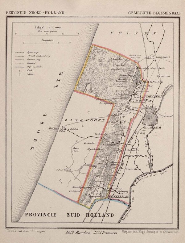 Museumkwaliteit reproductie van de oude kaart Bloemendaal 1866 met Overveen, uit de Gemeente-atlas van Jacob Kuyper.