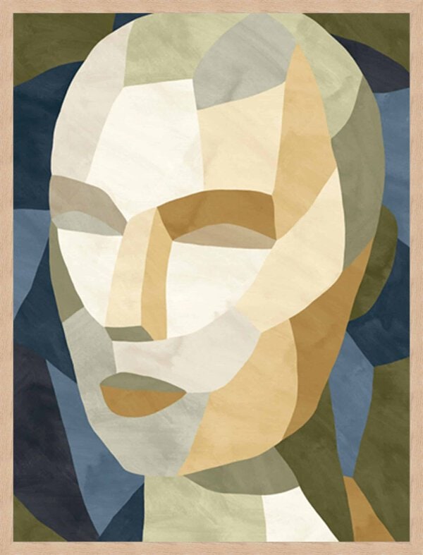 Geometric style face portrait artwork block neutral colours.