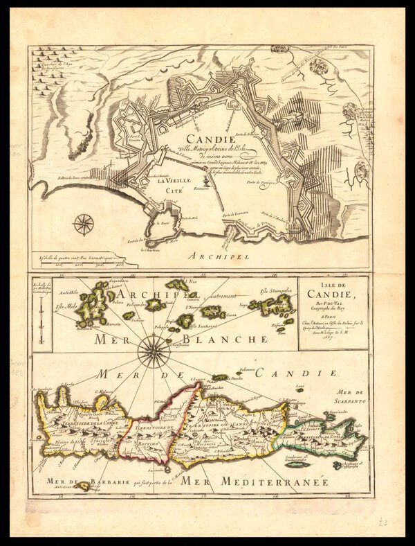 Museumkwaliteit reproductie van de oude kaart Heraklion 1669, de stad Candia met het eiland Kreta, door Pierre Duval.