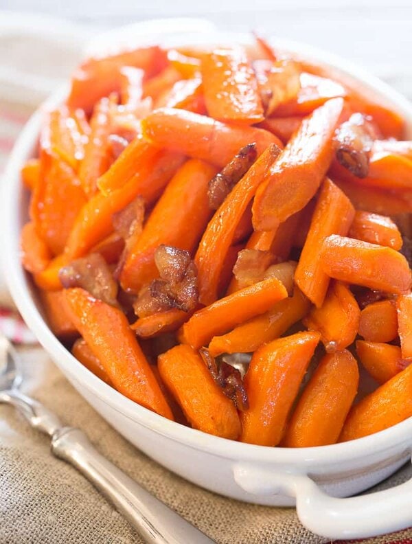 closeup of maple bacon roasted carrots