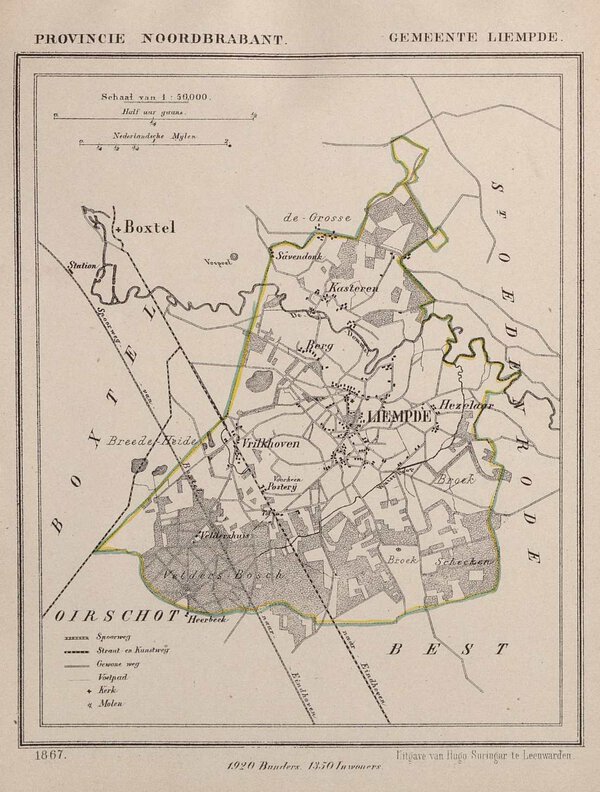 Museumkwaliteit reproductie van de oude kaart Liempde 1867: de gemeentekaart van Liempde uit de Gemeente-atlas van Jacob Kuyper.