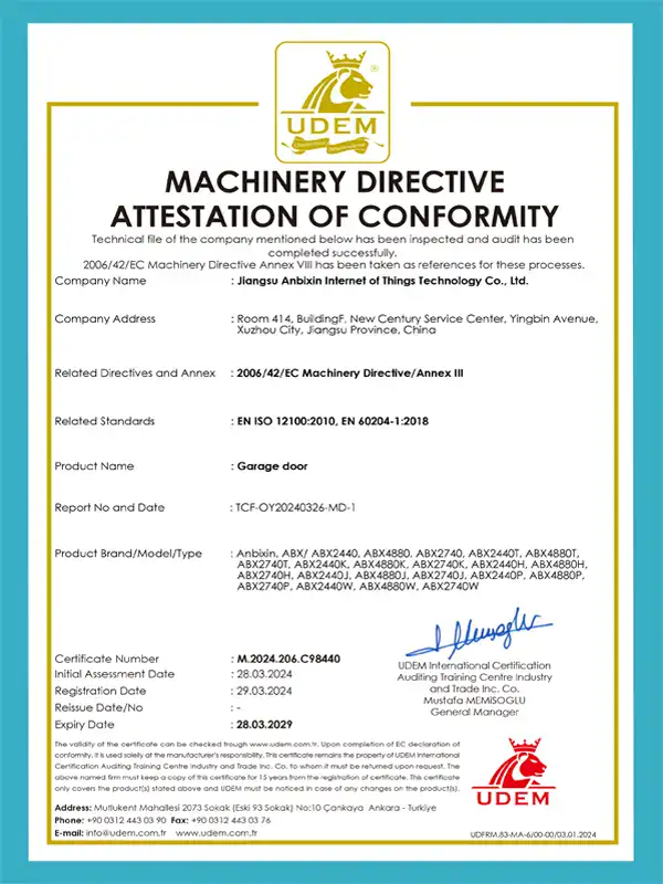 CE Certificate verifying ABX Doors compliance with EU safety standards for overhead sectional doors.