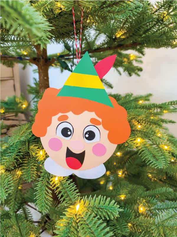 buddy the elf ornament made with printable hanging from Christmas tree