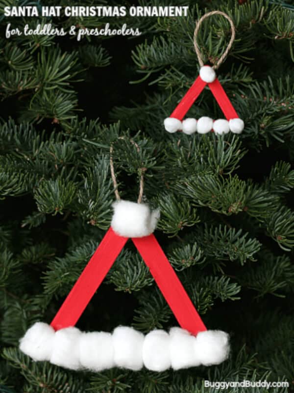 Santa hat Christmas tree ornament craft made with popsicle sticks