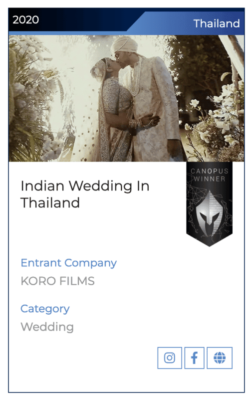 Vega Digital Awards 2020 certificate naming Koro Films a Canopus Winner for Indian Wedding In Thailand