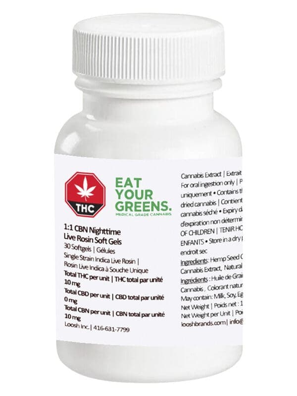 1:1 CBN Nighttime Live Rosin Soft Gels 30 Pack EAT YOUR GREENS Indica Montrose Cannabis