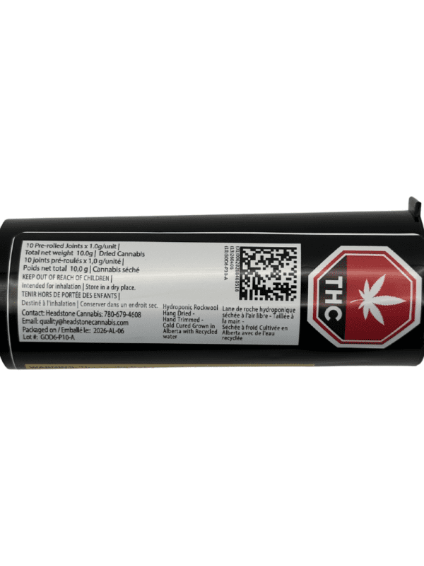 Headstone Cannabis 10 Toke 10 Pre-Rolls 10x1g pack featuring Godzilla indica strain flower.