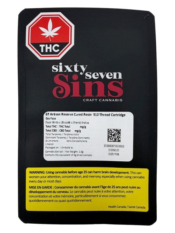67 Artisan Reserve Cured Resin 510 Thread Cartridge 1g by Sixty Seven Sins - Montrose Cannabis