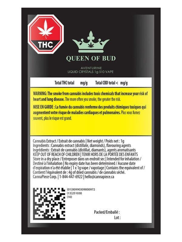 Queen of Bud Aventurine Liquid Crystals 1g 510 Vape Cartridge with Kiwi and Lime Profile