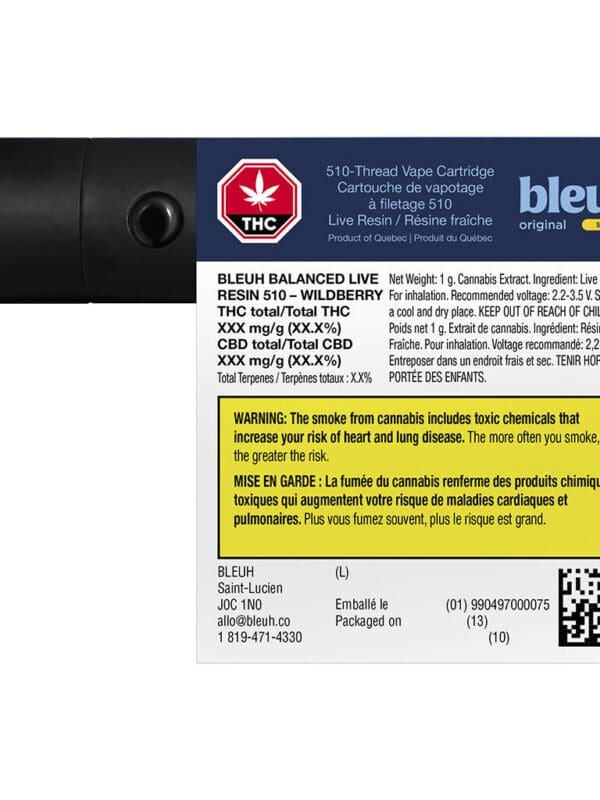 Balanced Wildberry Live Resin 510 1g premium CBD-dominant sativa cartridge by Bleuh, available for local delivery from Montrose Cannabis.