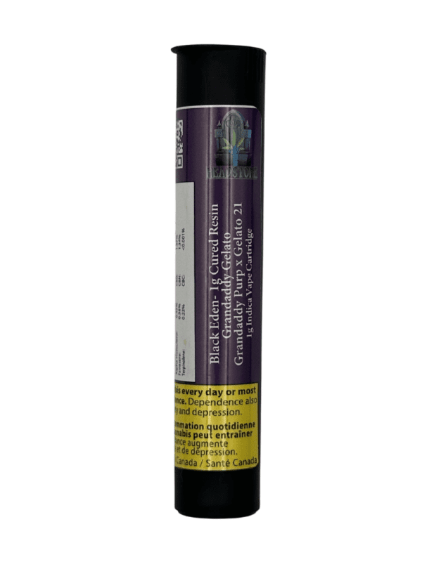 Headstone Cannabis Black Eden Cured Resin Vape 1g Rotating Indica showing the premium hardware and golden craft extract quality.