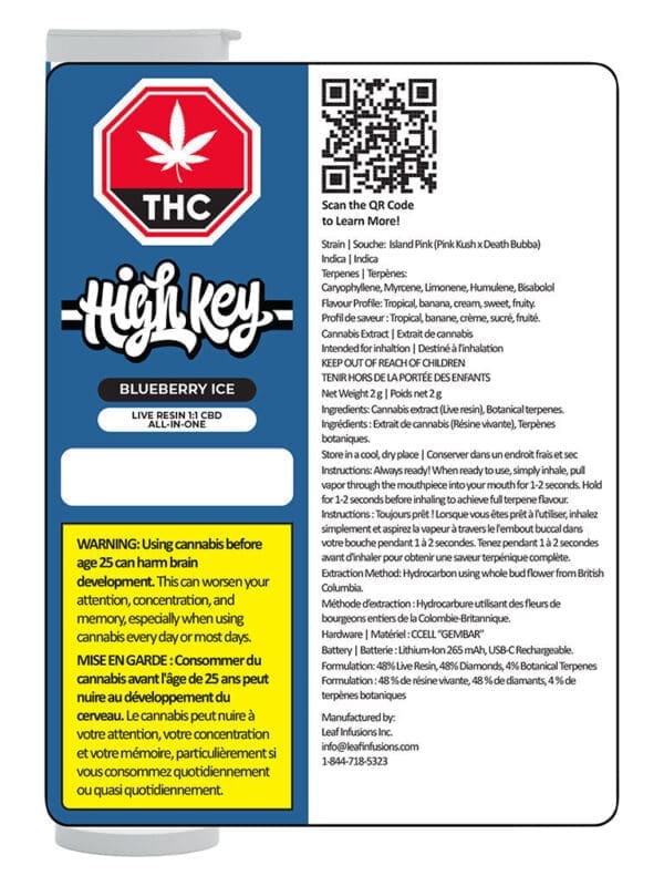 Blueberry Ice Live Resin 1:1 CBD Disposable Vape 2g by High Key - Montrose Cannabis