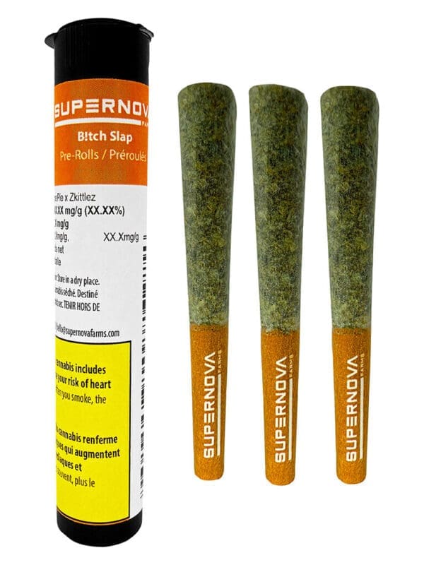 B!tch Slap Pre-Rolls 3-pack by Supernova Farms, featuring hand-trimmed premium cannabis available for local delivery from Montrose Cannabis Ontario.