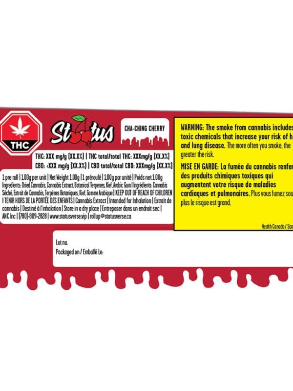Cha-Ching Cherry Liquid Diamond Infused Kief Coated Blunt 1g single by Status, featuring glass filter tip, available for local delivery from Montrose Cannabis Ontario.