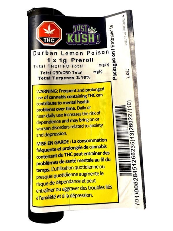 Durban Lemon Poison 1g single pre-roll by Just Kush, featuring premium hybrid flower, available for local delivery from Montrose Cannabis Ontario.
