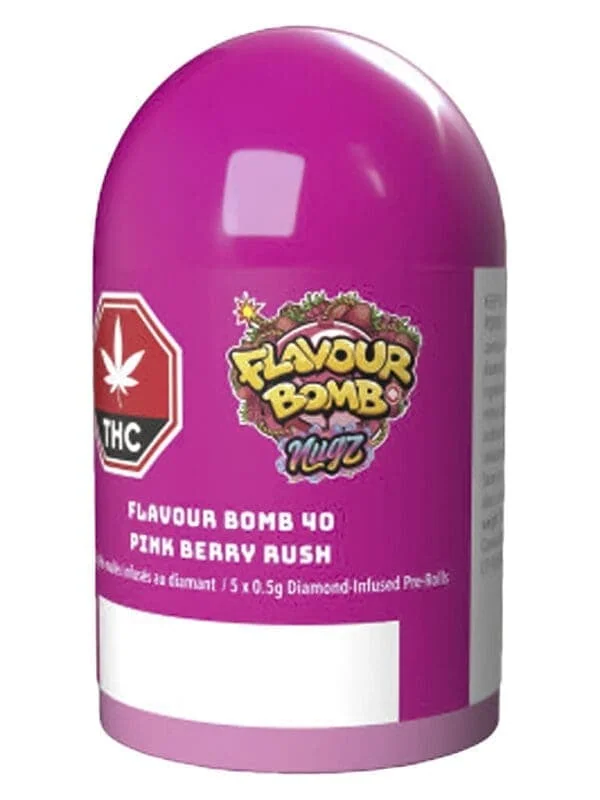 Flavour Bomb 40 Pink Berry Rush Diamond Infused Pre-Rolls 5-pack by Nugz, available for local delivery from Montrose Cannabis Ontario.