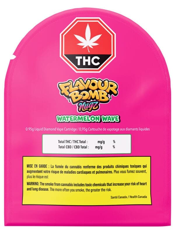 Flavour Bomb Watermelon Wave Liquid Diamond 510 0.95g high-potency hybrid vape cartridge by Nugz, available for local delivery from Montrose Cannabis.