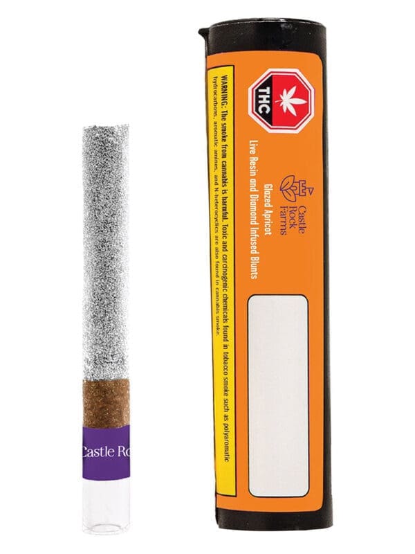Glazed Apricot Live Resin and Diamond Infused Blunt 1g with glass filter tip by Castle Rock Farms, available for delivery from Montrose Cannabis Ontario.