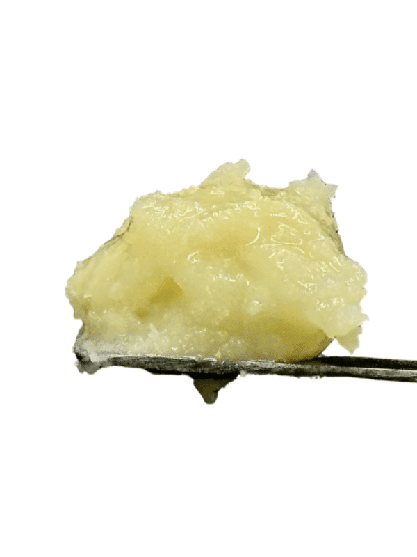 1 gram jar of Grape Gas Live Rosin by Unlicensed Producer showing a wet, terpene-rich badder texture.